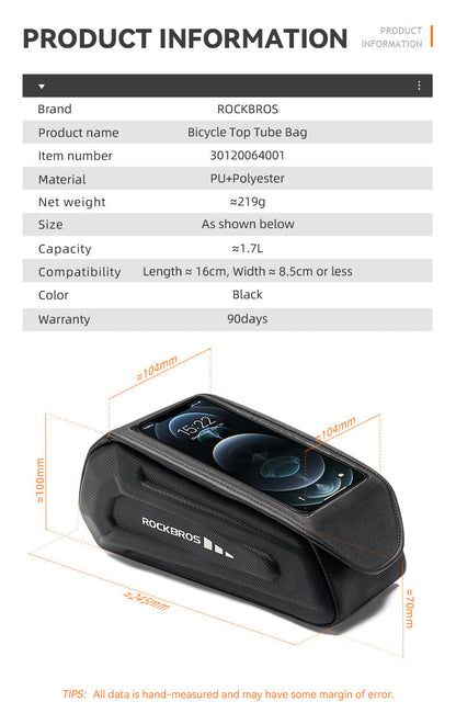 ROCKBROS Bicycle Phone Bag 1.7L 6.8in Waterproof Bike Cycling Frame Bag Top Tube Bag